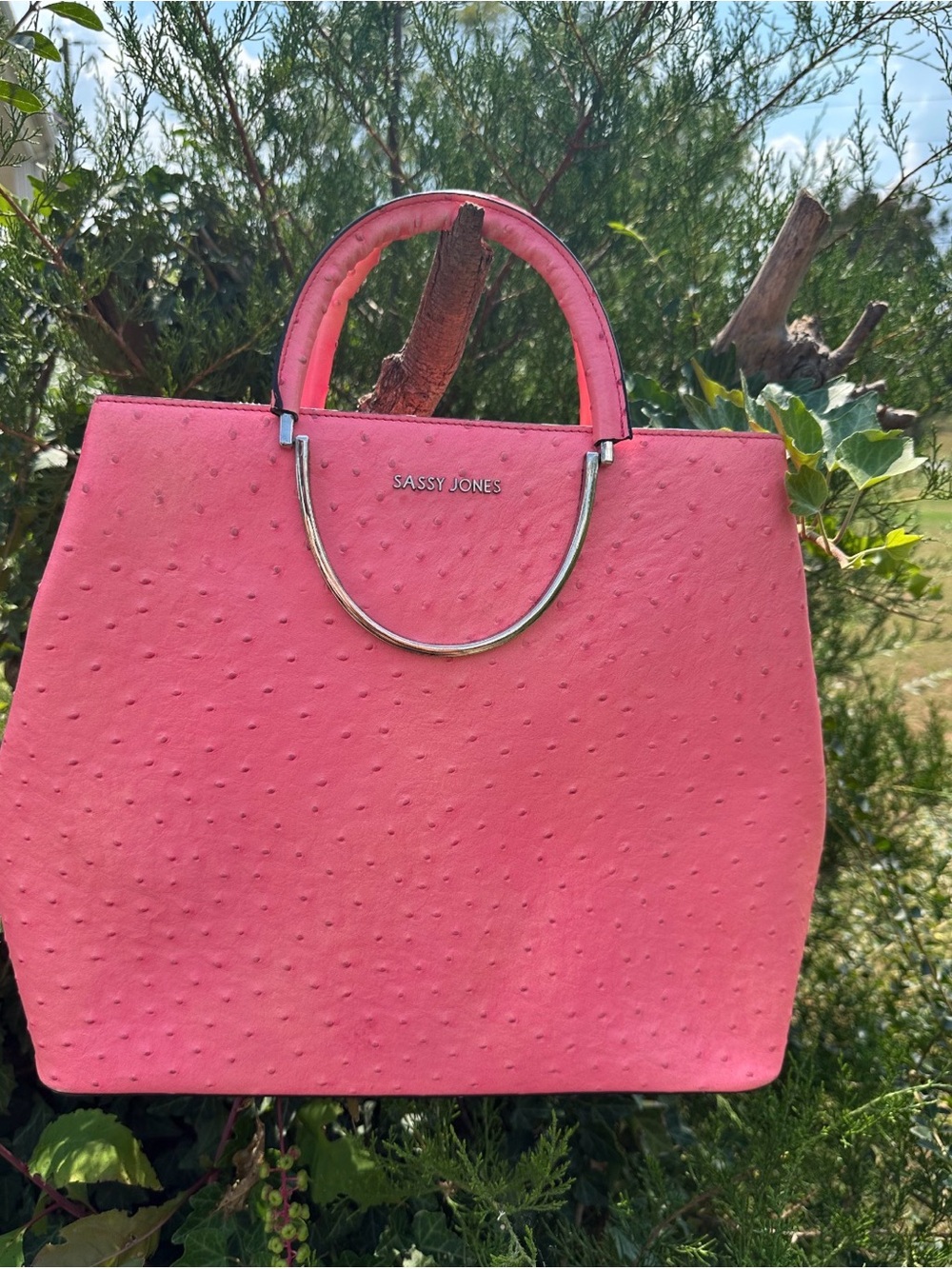 Sassy Jones Coral Pink Faux-Ostrich Structured Top-Handle Tote